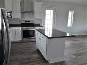 Remodeled kitchen viewed from the side.